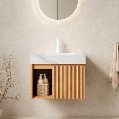 Meuble-lavabo EIDEN 61 cm (24 po) avec lavabo suspendu, comptoir en pierre frittée blanche de Carrare et lavabo en céramique avec 1 trou pré-percé pour robinetterie, préassemblé, robinetterie et bonde non inclus, couleur grain de bois naturel