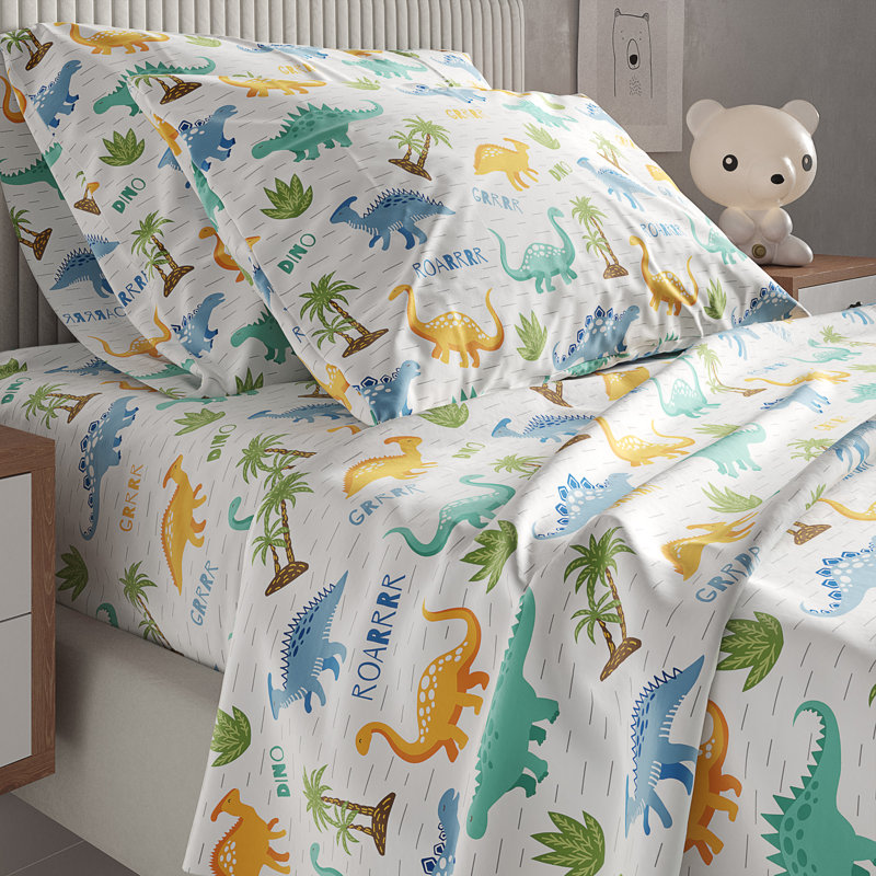 Kids Sheet Set, Soft Microfiber Bedding, Cozy & Breathable, Wrinkle Free Easy Care Bed Sheets, Dinosaurs 1