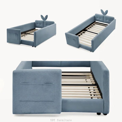 Twin Size Upholstered Platform Bed with Rabbit Ear Headboard, Safety Rail & Pocket, Boucle Fabric