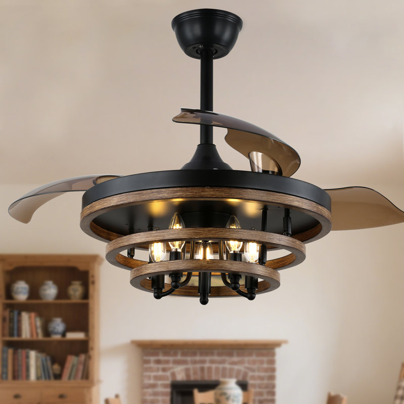 42" Brown Modern Retractable Ceiling Fan with Light Kit and Remote DIY Shade 6-speed Reversible Motor for Bedroom