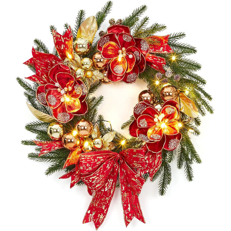 24" Pre-Lit Christmas Wreath with LED Lights, Red Bow, Berries & Gold Ornaments