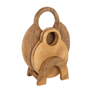 3-Piece Round Mango Wood Cutting Boards In Various Sizes With Stand
