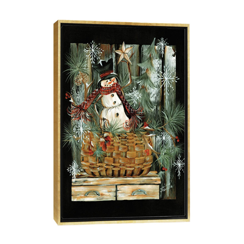 Bonhomme de neige dans un panier - reproduction d'art murale - toile encadrée, H 60 po x l 40 po, Doré