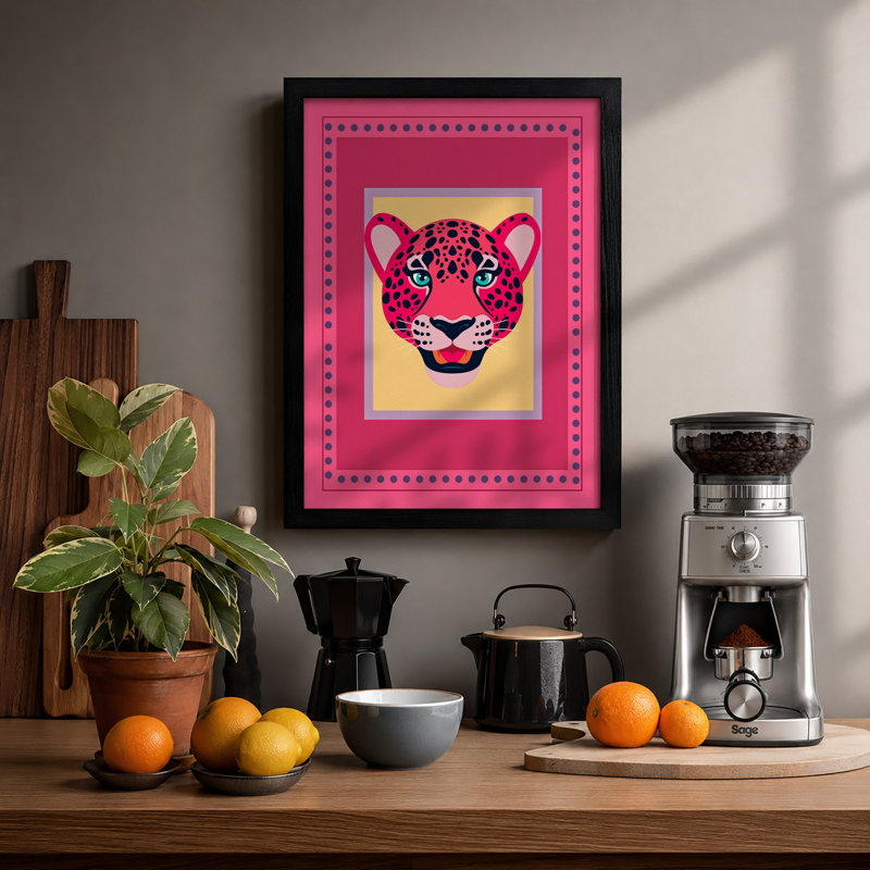 Pink Leopard Portrait Modern - Framed Print, A1 - 84.1 x 59.4 cm, Black