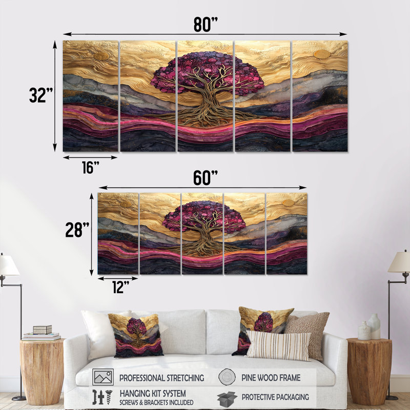 Burgendy Tree Of Life On Stone River II - Tree Of Life Wall Art - Traditional Wall Art Decor Set 5 Piece, 28" H x 60" W