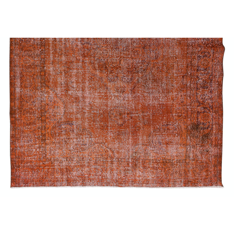 7.4x10.5 Ft Hand-Knotted Turkish Rug Over-Dyed in Orange for Modern Home & Office Decor