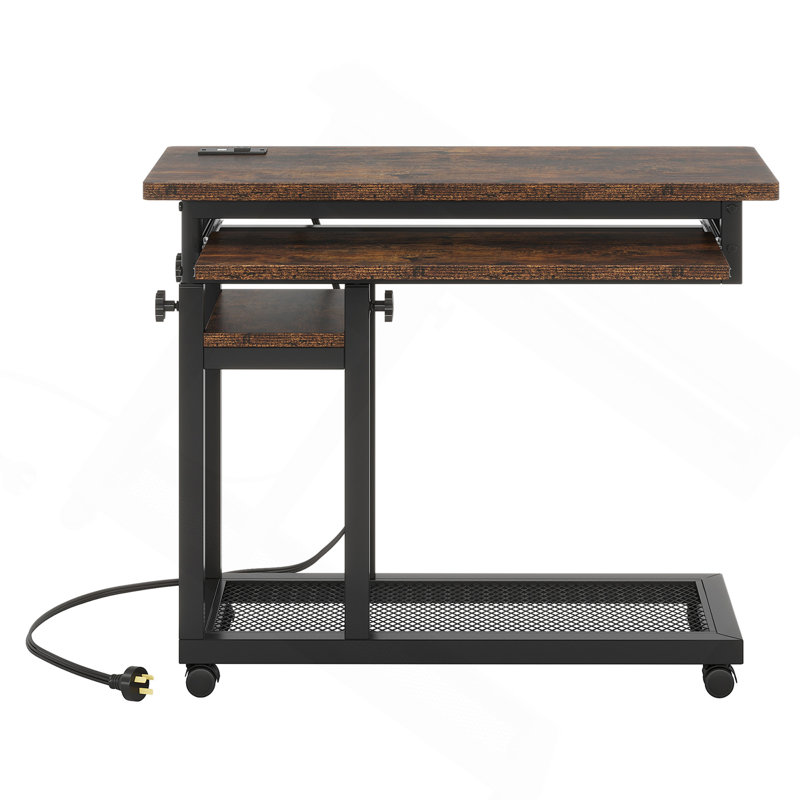 Bureau portatif réglable de 28 à 39,3 po de hauteur avec ports USB pour prise de courant, table d'appoint roulante en forme de C avec plateau pour clavier, petit bureau debout avec roulettes pour canapé, chevet ou bureau à domicile