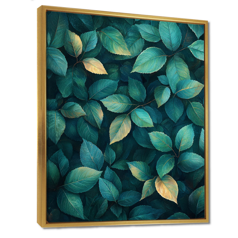 Shayla vert émeraude feuilles luxuriantes II - feuilles, art mural, H 44 po x l 34 po, Reproduction avec cadre flottant, Doré