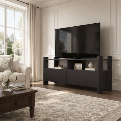 Modern TV Stand for TVs up to 55 Inch, Entertainment Center with Open Storage Shelves and Two Drawers