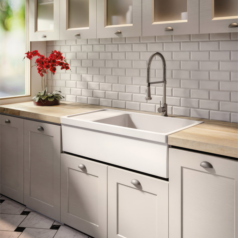 Fireclay Reversible Sink with Integral Drainboard and Decorative 2 ½" Lip on Both Sides, Matte Light Cement