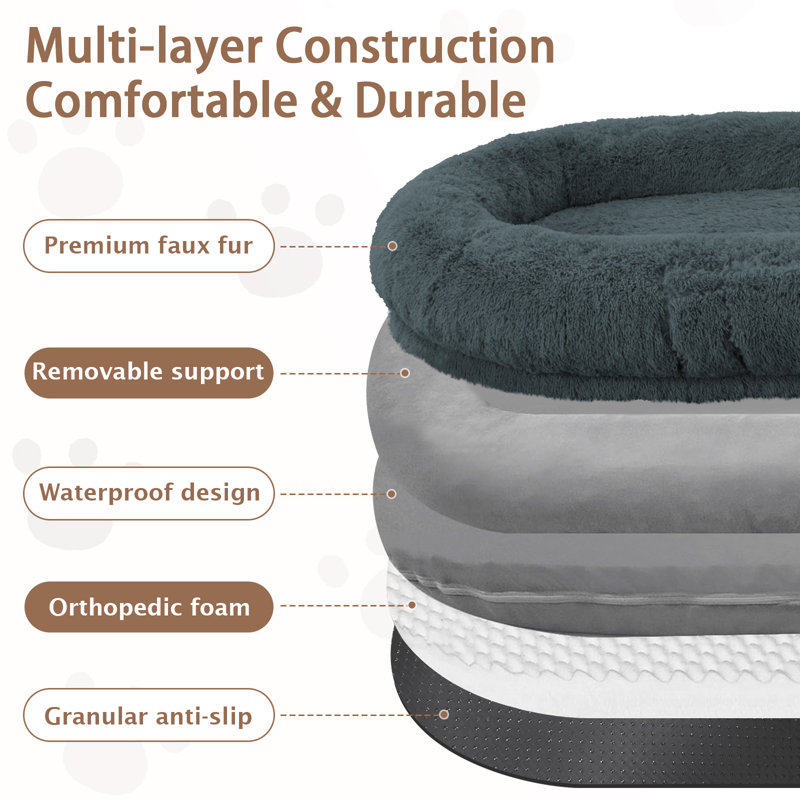 Grand lit pour chien de 71 po avec oreiller dodu, couverture, sangle - gris foncé, Gris foncé, H 12 po x l 71 po x P 45 po