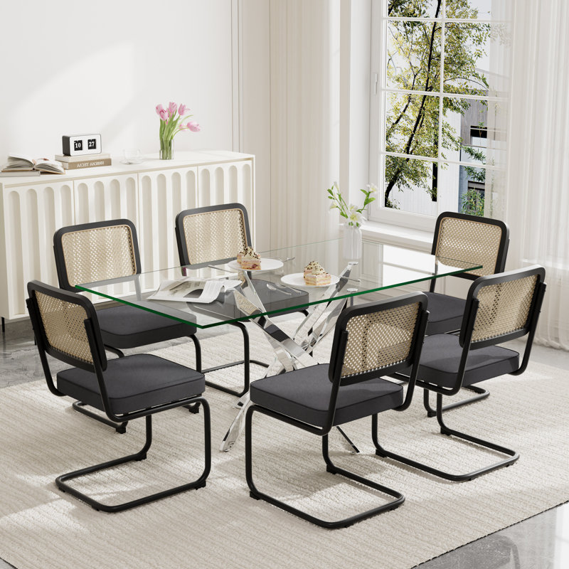 Modern 63" Glass Dining Table Set, Black, 7, 29.5" H x 63" W x 31.5" D