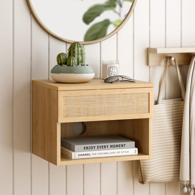 Rattan Floating Wall-Mounted Nightstand With Open Compartment And Drawer