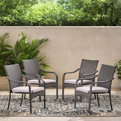 Outdoor Grey Pe Stacking Chairs With Iron Frame, Silver Cushions, Comfortable Seating Design For Patio Use ( Of 4 Arm Decor