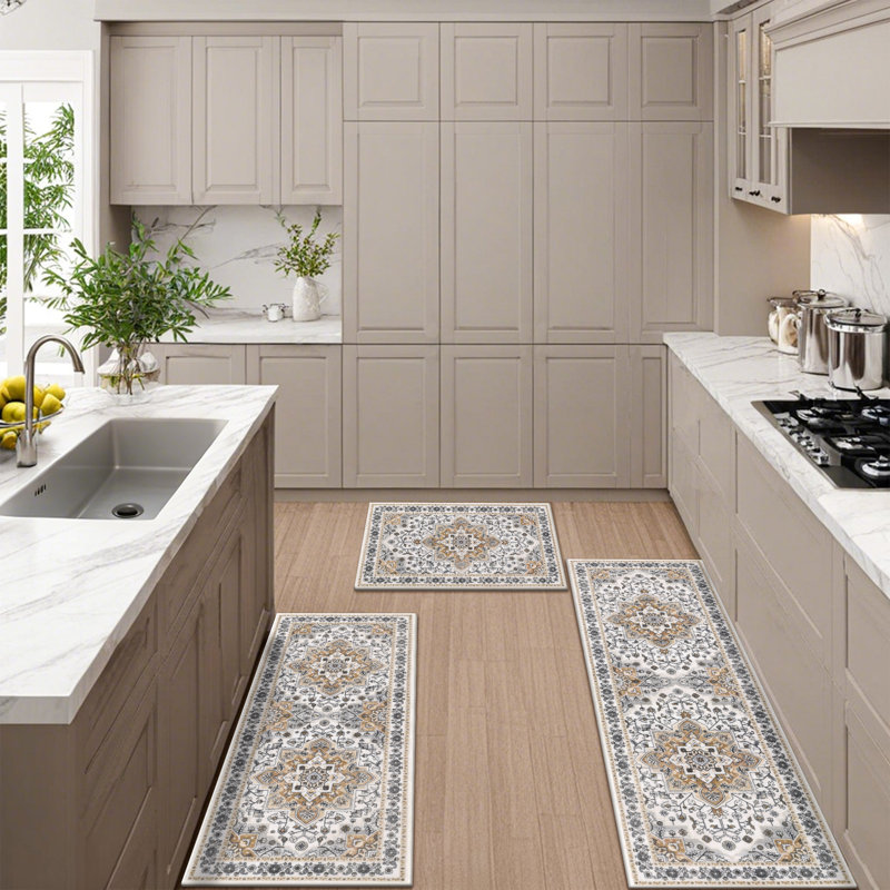 Tapis de cuisine antidérapant lavable à la machine (ensemble de 3), Beige / gris