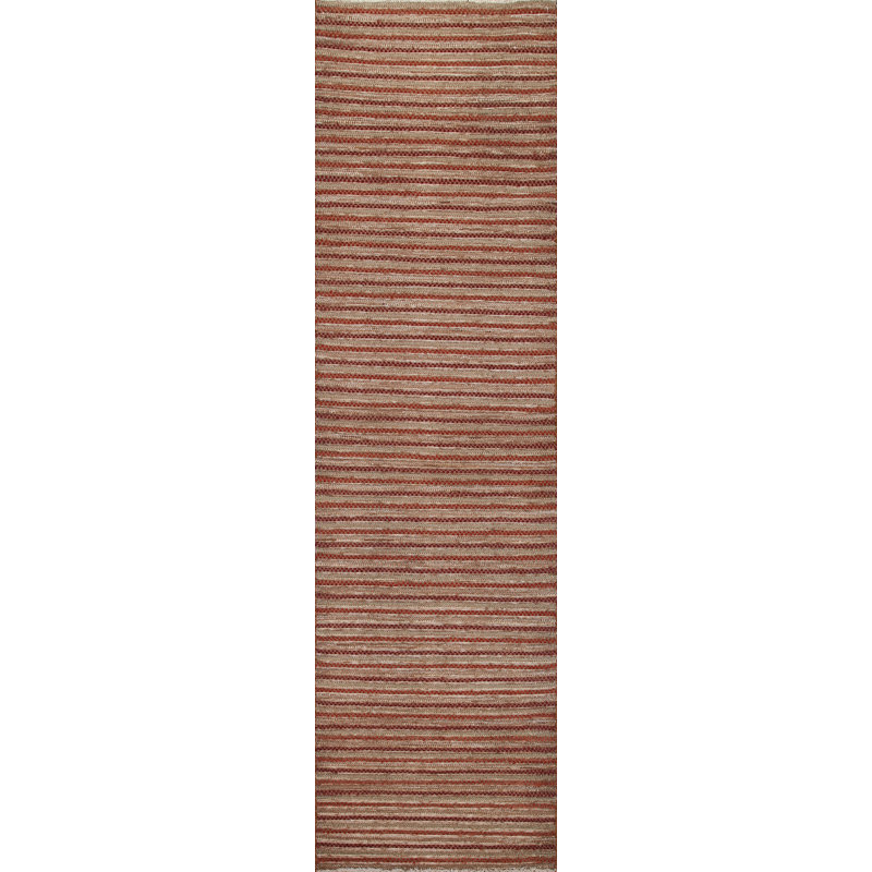 Tapis de couloir rayé rouge en laine noué à la main 2 pi 6 po x 10 pi 2 po