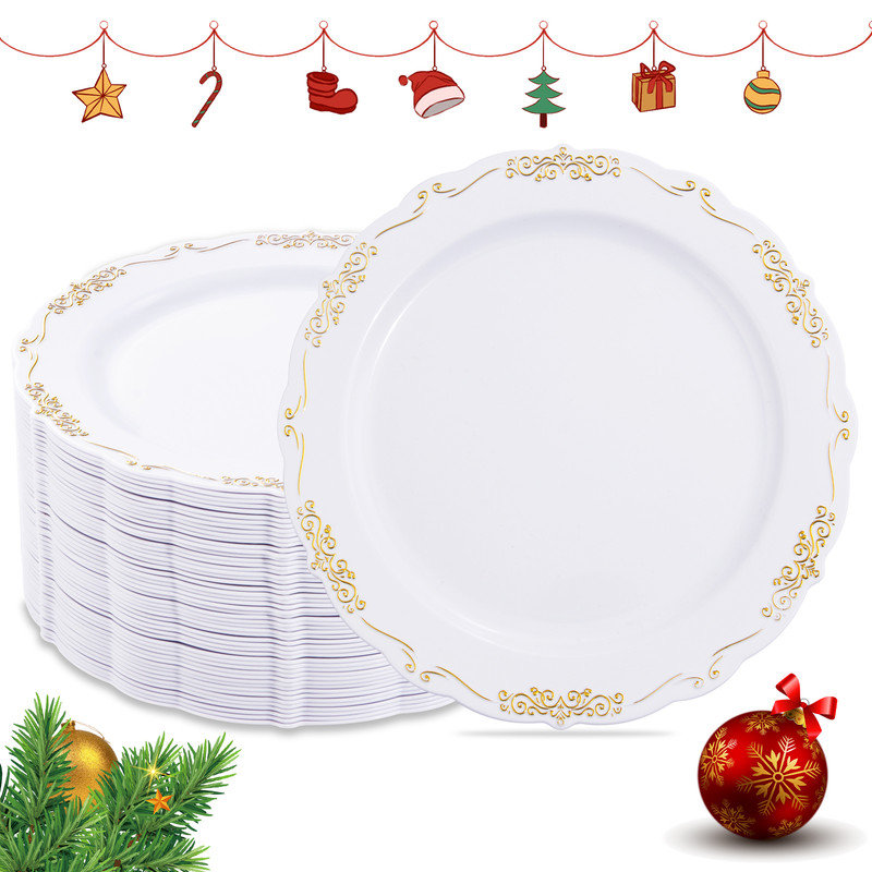 WELLIFE 60pcs Gold Dessert Plastic Plates - 7.5inch Disposable Dessert Plates, Premium Plastic Appetizer Plates for Wedding & Party