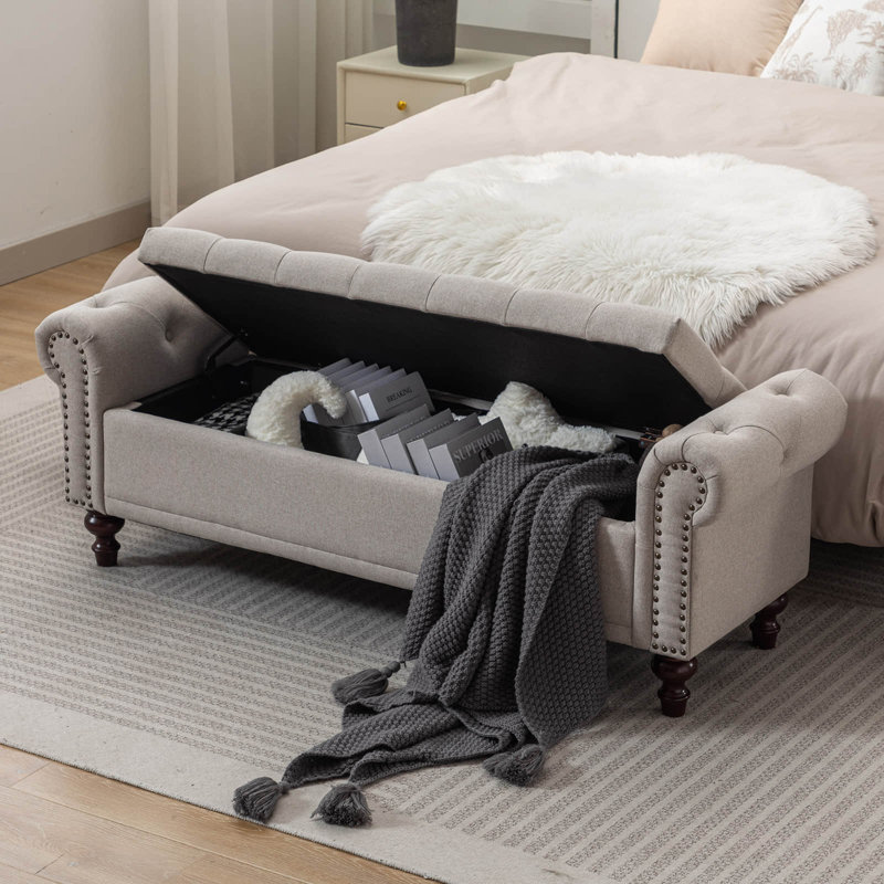 Banc de rangement rembourré avec compartiments de rangement segmentés, Lin brun clair, H 20,8 po x l 58,1 po x P 18,7 po