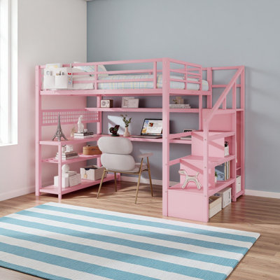 Lit mezzanine double avec escalier et garde-robe, lit mezzanine en métal avec bureau, tablettes de rangement, lumières DEL et station de charge