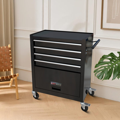 Practical 24.41‘’ W 4 -Drawer Steel Bottom Rollaway Chest with Wheels and Pusher for garages and garage shops.