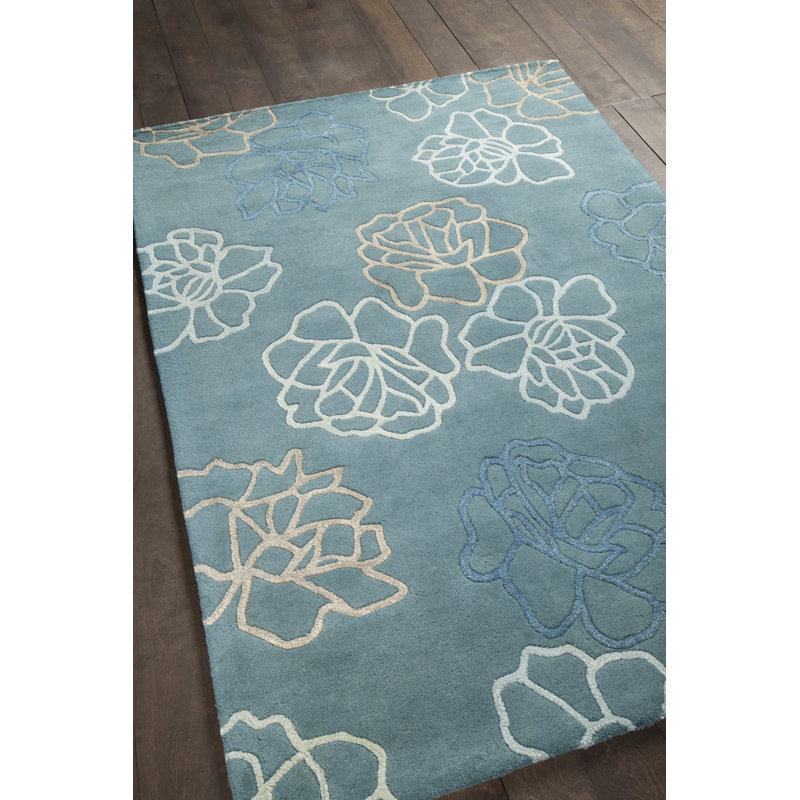 Medford Authentic Hand-Tufted Handmade Light Teal, Slate Blue & Cream Contemporary Large-Scale Botanical Floral Wool Area Rug