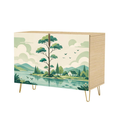 Buffet à 2 portes, de style moderne, avec décor de lac paisible, d'arbres et de montagnes. Console, meuble de rangement sur pied en bois, dosseret idéal pour la cuisine, la salle à manger, le salon, l'entrée ou un coin café.