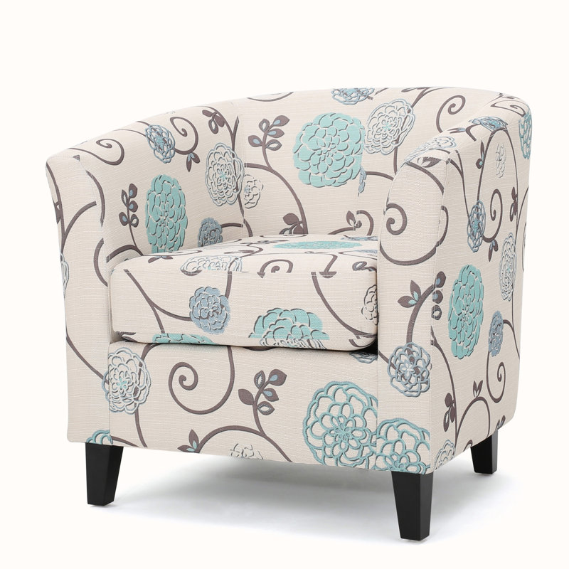 Tacie 29" W Floral Barrel Chair with Birch Wood Legs, Blue Floral Fabric