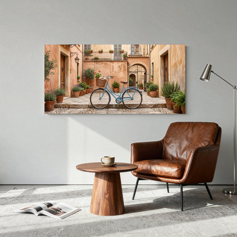 Ensemble d'un tableau sur toile représentant une rue méditerranéenne, L 40 po x H 20 po, Toile tendue