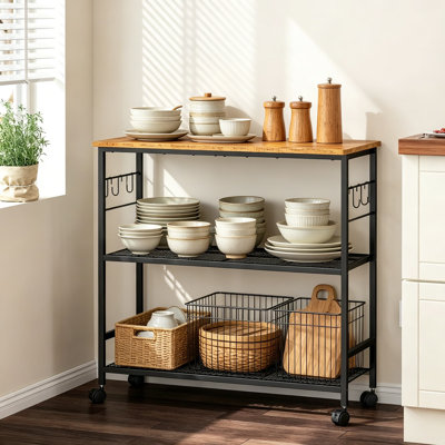 3 Tier Rolling Kitchen Microwave Cart with Adjustable Shelf, 33 Inch Metal and Wood Utility Cart on Lockable Wheels, Kitchen Island Storage Stand for Microwave, Air Fryer, Coffee Bar, Living Room, Office