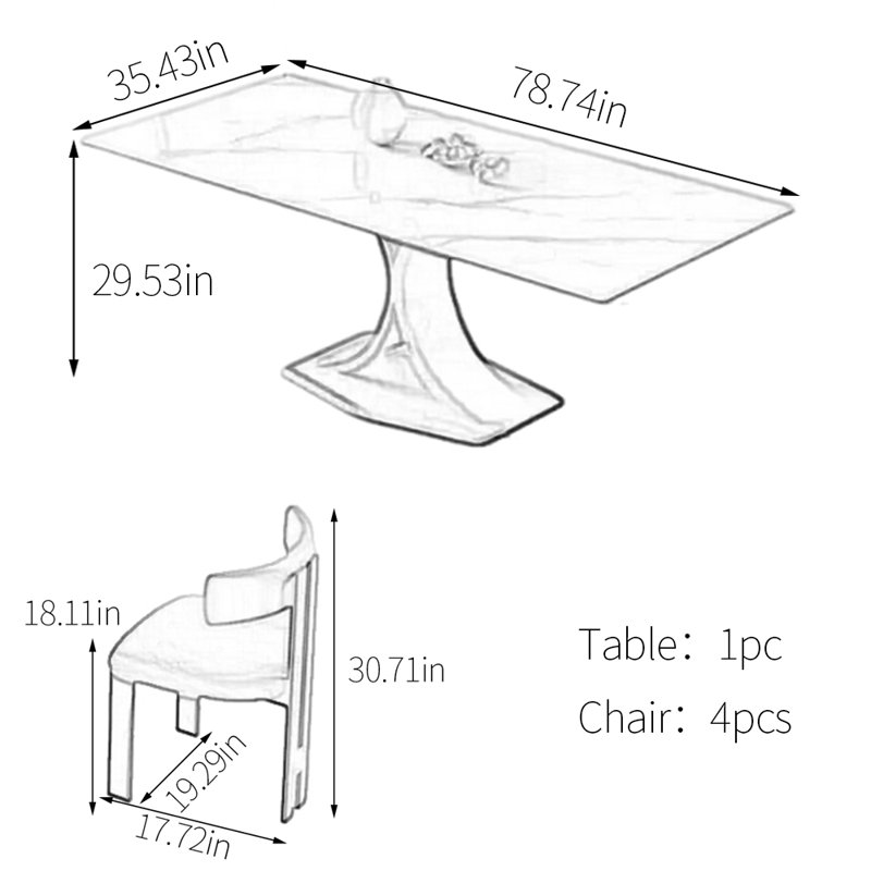 Rectangle sintered stone simple dining table set, 29.53"H x 78.74"L x 35.43"W