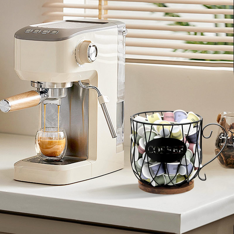 Grande tasse à café en métal rustique K-Cup, grand panier en fil métallique avec base en bois pour le rangement du comptoir de café