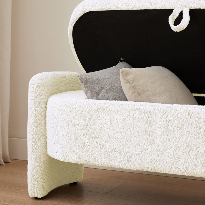 Ottoman Oval Storage Bench 3D Lamb Fleece Fabric  Bench, Cream White