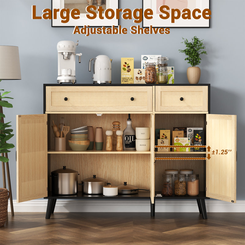 Aracelis Black and Natural Rattan Sideboard Cabinet with Storage