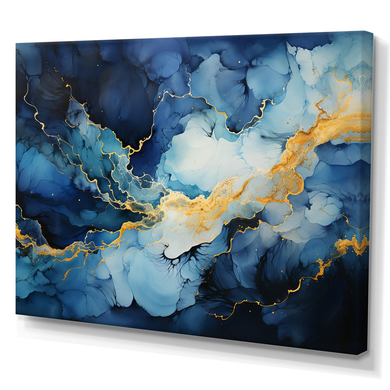 Décoration murale ouragan abstrait bleu et or - Tempêtes, Toile tendue, H 16 po x l 32 po x P 1 po