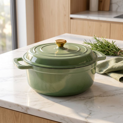 Cocotte en fonte émaillée ronde de 5 pintes avec couvercle autoportant et gants en silicone
