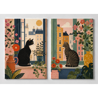 Très grand ensemble de 2 chats colorés, impression sur toile, art floral moderne pour chambre à coucher, bureau, impression sur toile 24 x 36 pouces - prêt à être accroché