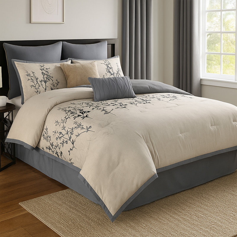 Ensemble d'édredon 8 pièces Yedy, broderie florale bleue et crème, Édredon très grand + 4 taies décoratives très 