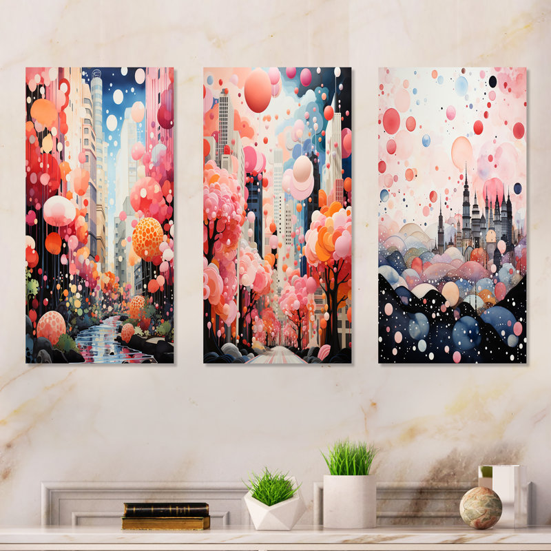 Bubble Gum Cityscape Horizon I - Ensemble de salon mural art déco en métal 3 pièces, H 32 po x l 48 po