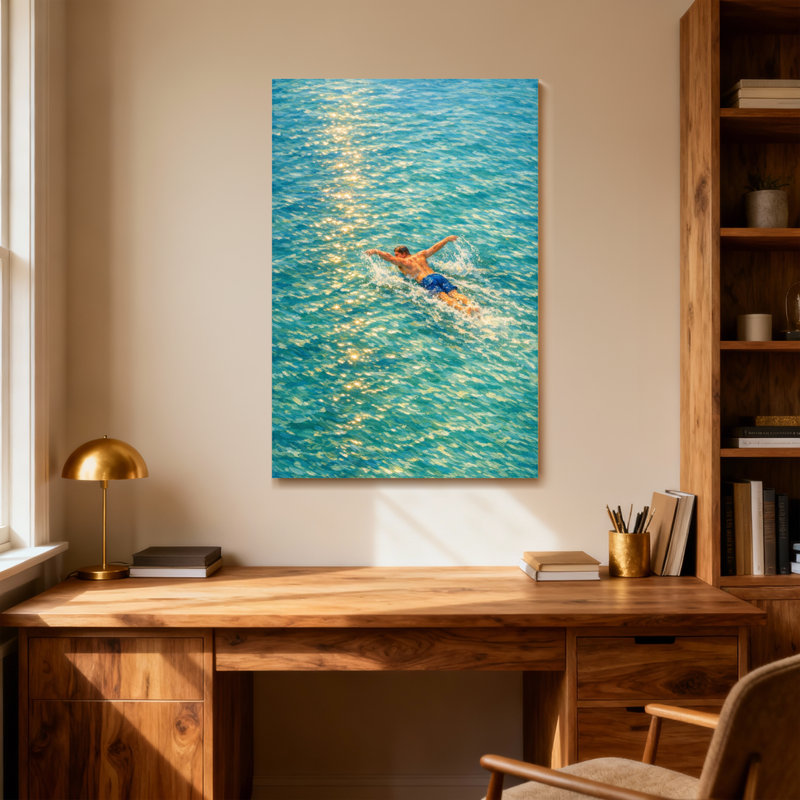Scénario et paysages urbains nageant dans l'eau bleue claire, H 40 po x l 28 po