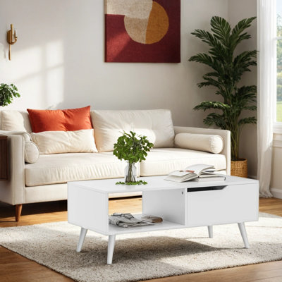 39'' Coffee Table, Mid Century Modern Coffee Table with Drawer & Shelf,