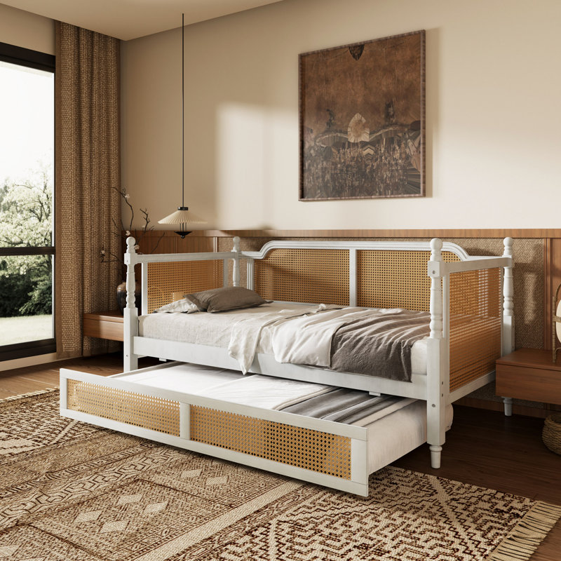 Traditional Style Rattan Daybed With Trundle For Limited Space, Guest Room, No Box Spring Needed, Antique White