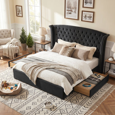 57.48" High Bed Frame with 2 Storage Drawers, Upholstered Velvet Headboard Platform Bed, Wingback Headboard, Button Tufted Bed, Metal Frame & Sprung Slats Support, No Box Spring Needed, Easy Assembly