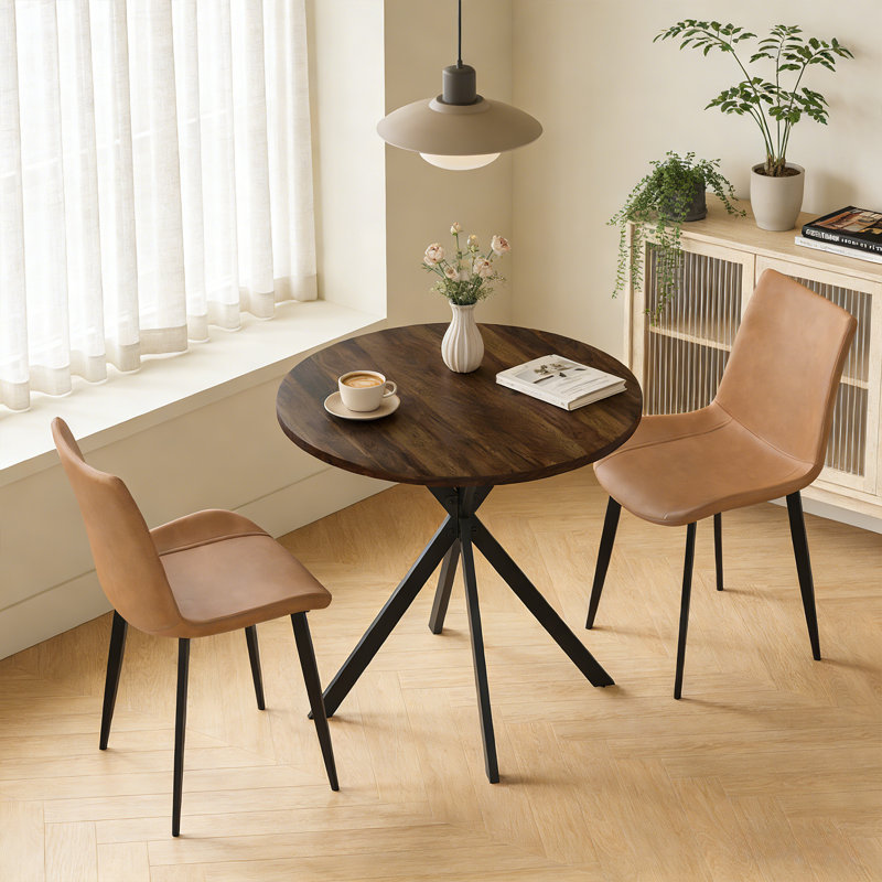 31.5 Inch Dining Table And Chairs For 2, Mid Century Modern Round Table Set, Space Saving For Apartment Kitchen Dining Room Walnut Table &2 Brown Chairs