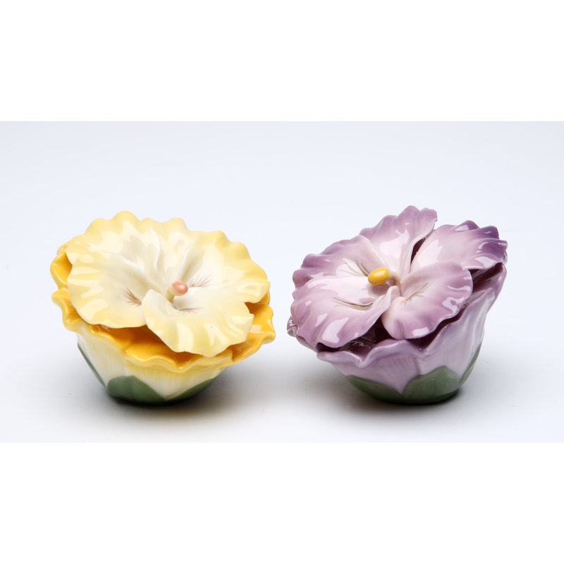 Elegant Ceramic Pansy Flower Salt and Pepper Shaker Set