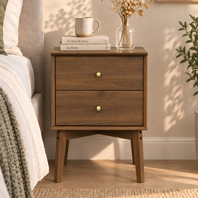 Mid-Century Modern 2 Drawer Nightstand with Tapered Legs, Wood Bedside Table with Storage for Bedroom