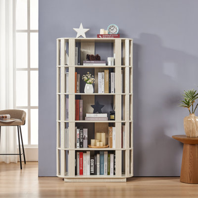 Wooden Oval Open Bookshelf, MDF Grid Frame Freestanding Bookcase, 5-Tier Easy Assembly Storage Display Rack for Living Room Home Office Decor, DIY Fre