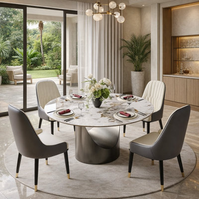 Modern Sintered Stone Round Dining Table with U-shaped Leg, Seats 4 to 6, Kitchen Table for Living Room