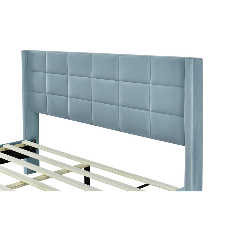 75.9'' W King Size Upholstered Platform Bed with Velvet Fabric & Square Tufted Headboard, Blue, King