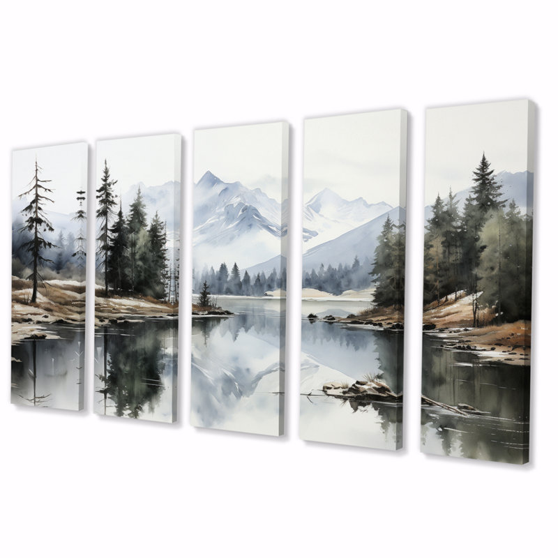 «Green Blue Minimalisme Forest Silent Reflection on Canvas», reproduction de 5 pièces