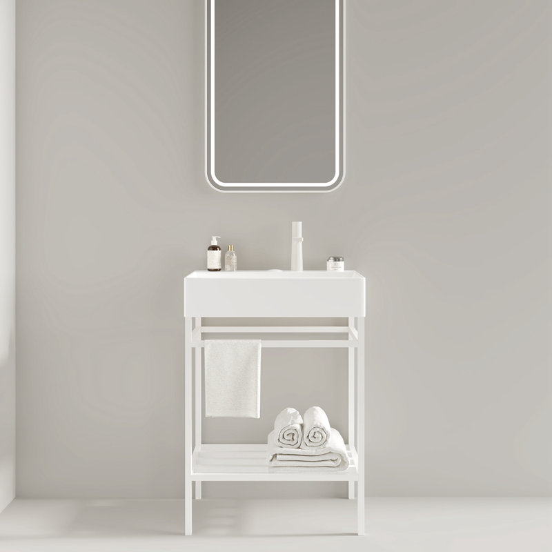 Ensemble de meuble-lavabo autoportant avec lavabo en céramique et console de salle de bain, Blanc, Blanc